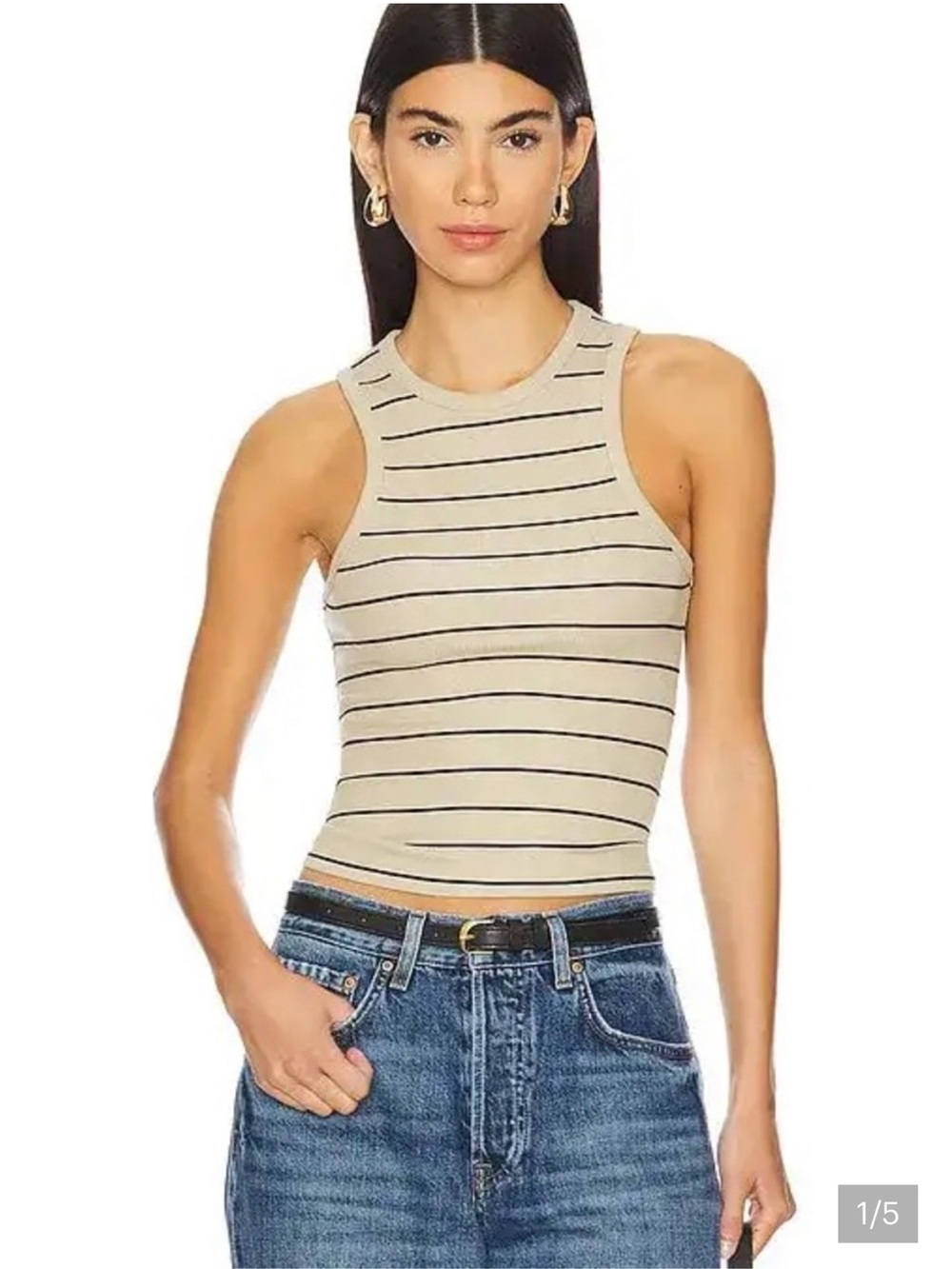 WeWoreWhat Cream and Black Striped Ribbed Tank